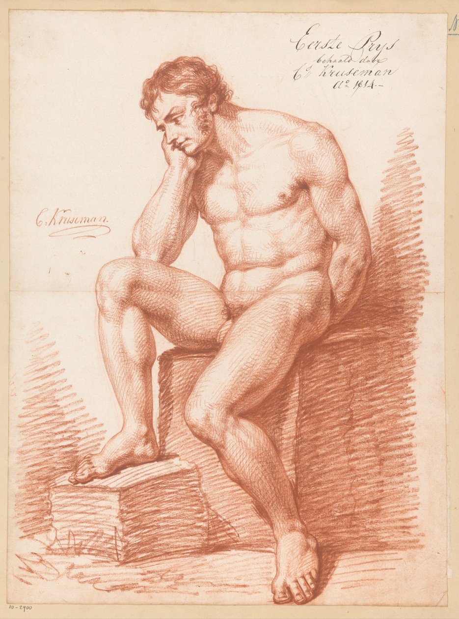 Siddende mand nøgen, set forfra (1. præmie 1814) af Cornelis Kruseman