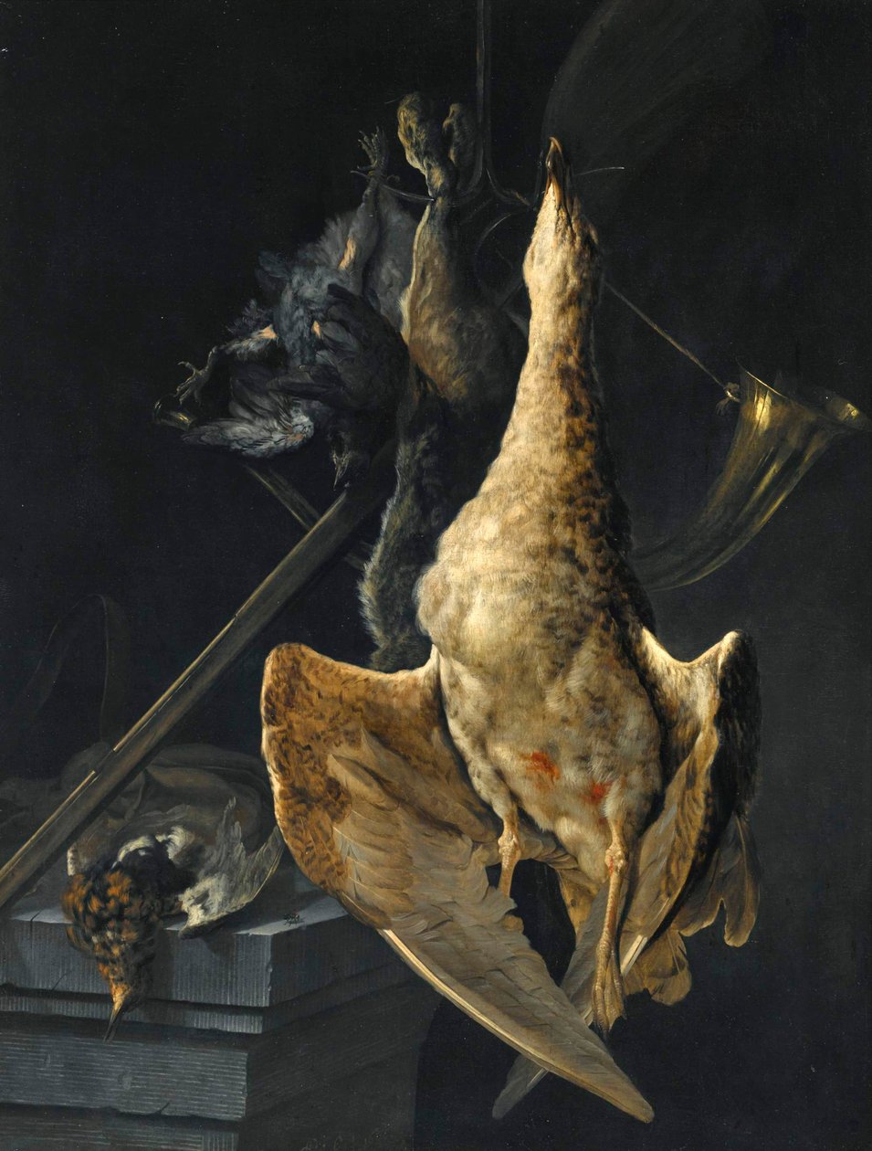 Jagtstilleben med en gås, en hare, et jagthorn, et haglgevær og andet vildt af Cornelis Lelienbergh