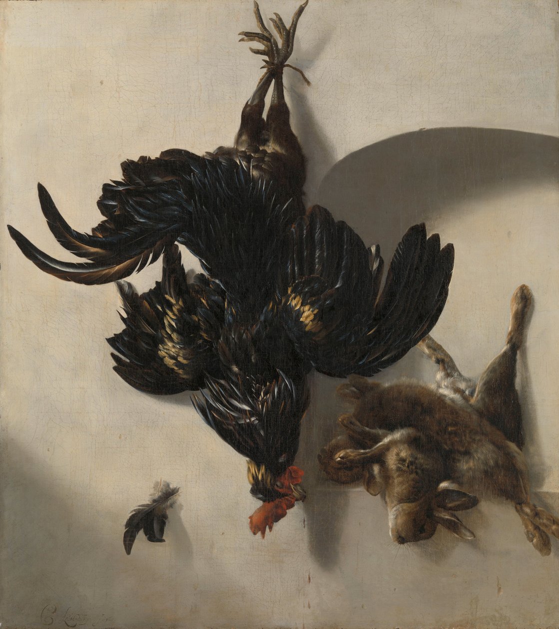Stilleben med sort hane og to kaniner af Cornelis Lelienbergh