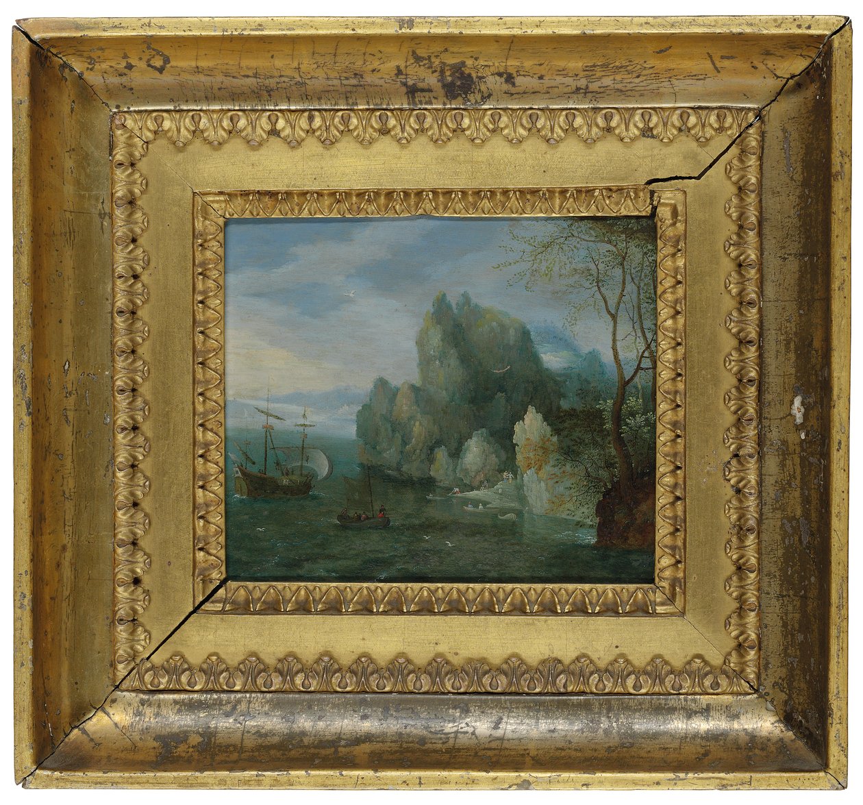 Et klippefyldt kystlandskab med figurer på kysten og en fortøjet kabys (olie på kobber) af Cornelis Liefrinck