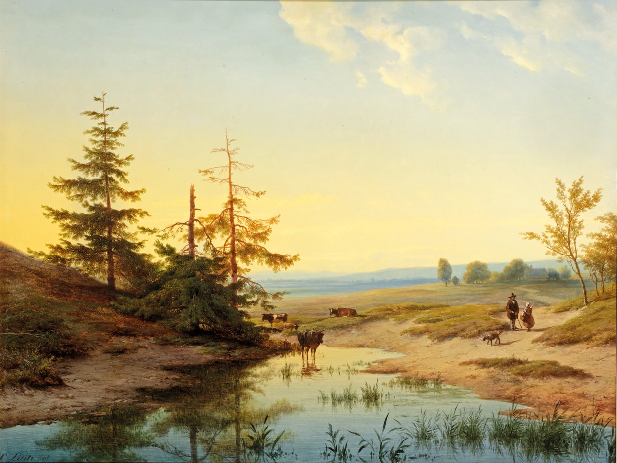 Et hedelandskab med figurer og kvæg ved en dam af Cornelis Lieste