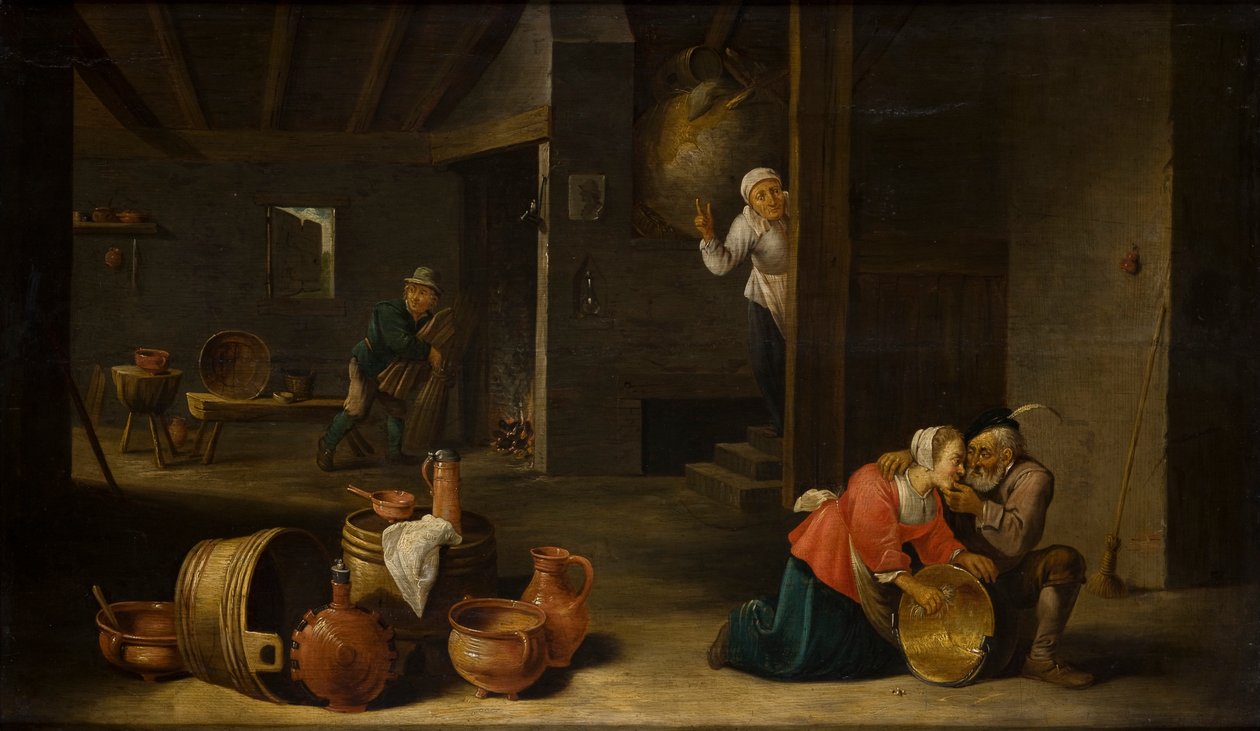 Ubehagelig overraskelse (uoverensstemmende par) (olie på panel) af Cornelis Mahu