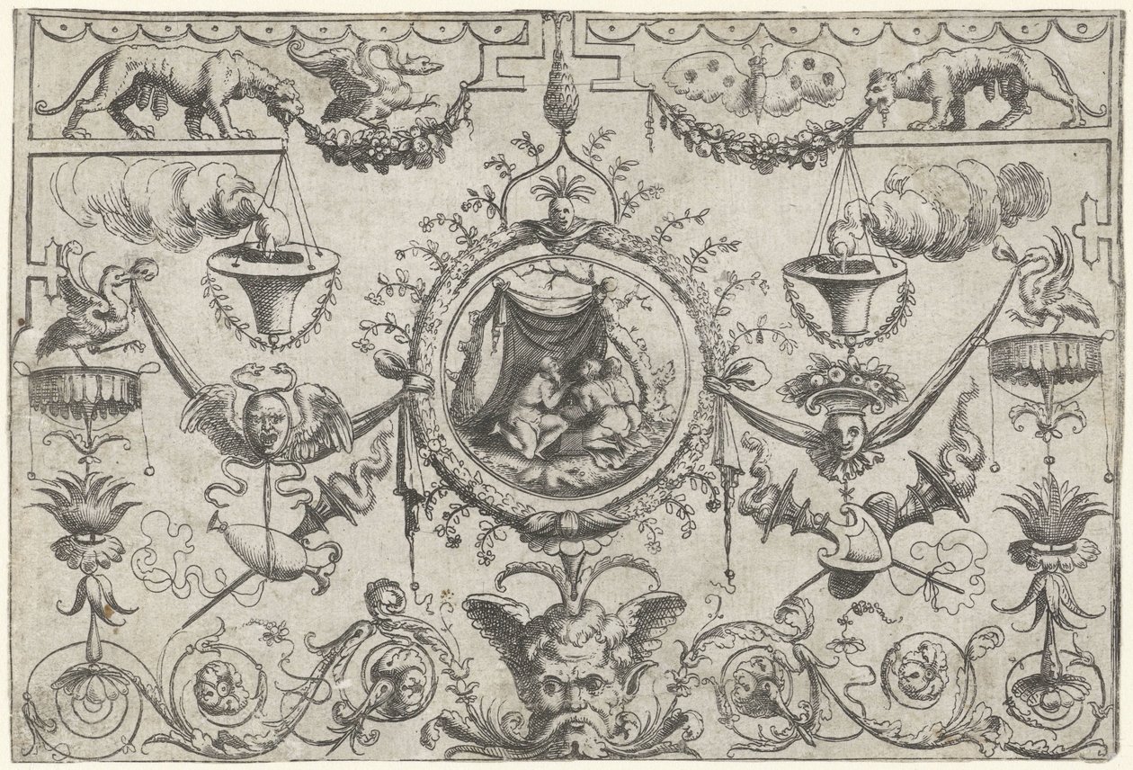 Ornament med tre figurer knælende under et klæde af Cornelis Massijs (attributed to)