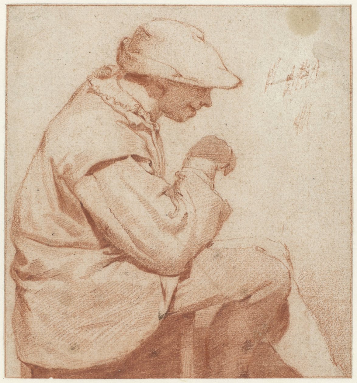 Siddende mand med en blød kasket, i profil til højre, med højre hånd løftet af Cornelis Pietersz. Bega (attributed to)