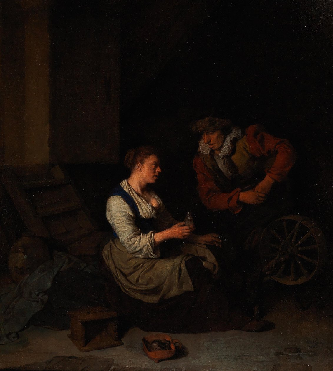 En kavaler og en kvinde ved det spindende hjul, 1662. af Cornelis Pietersz. Bega