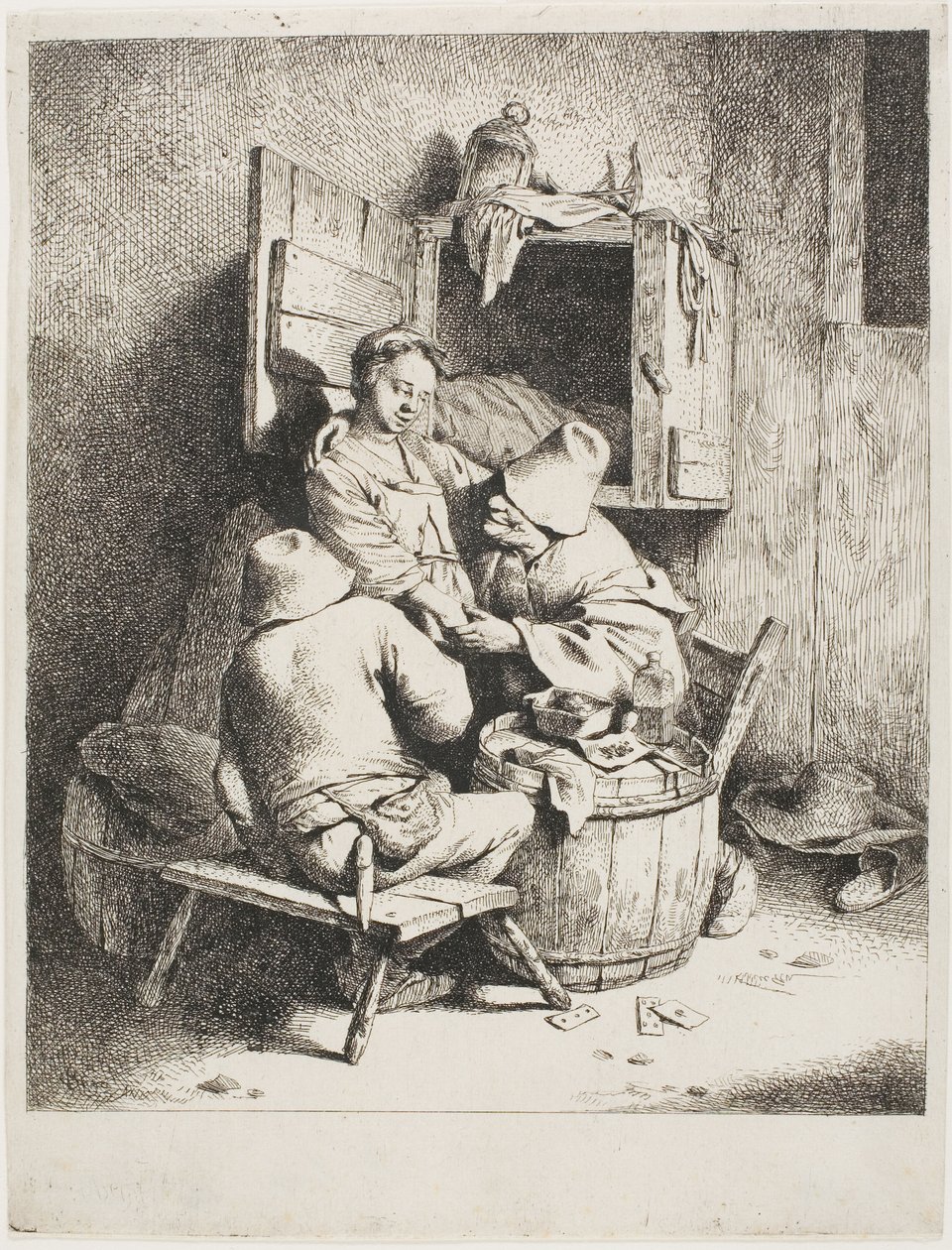 En mand, der kærtegner den unge værtinde af Cornelis Pietersz. Bega