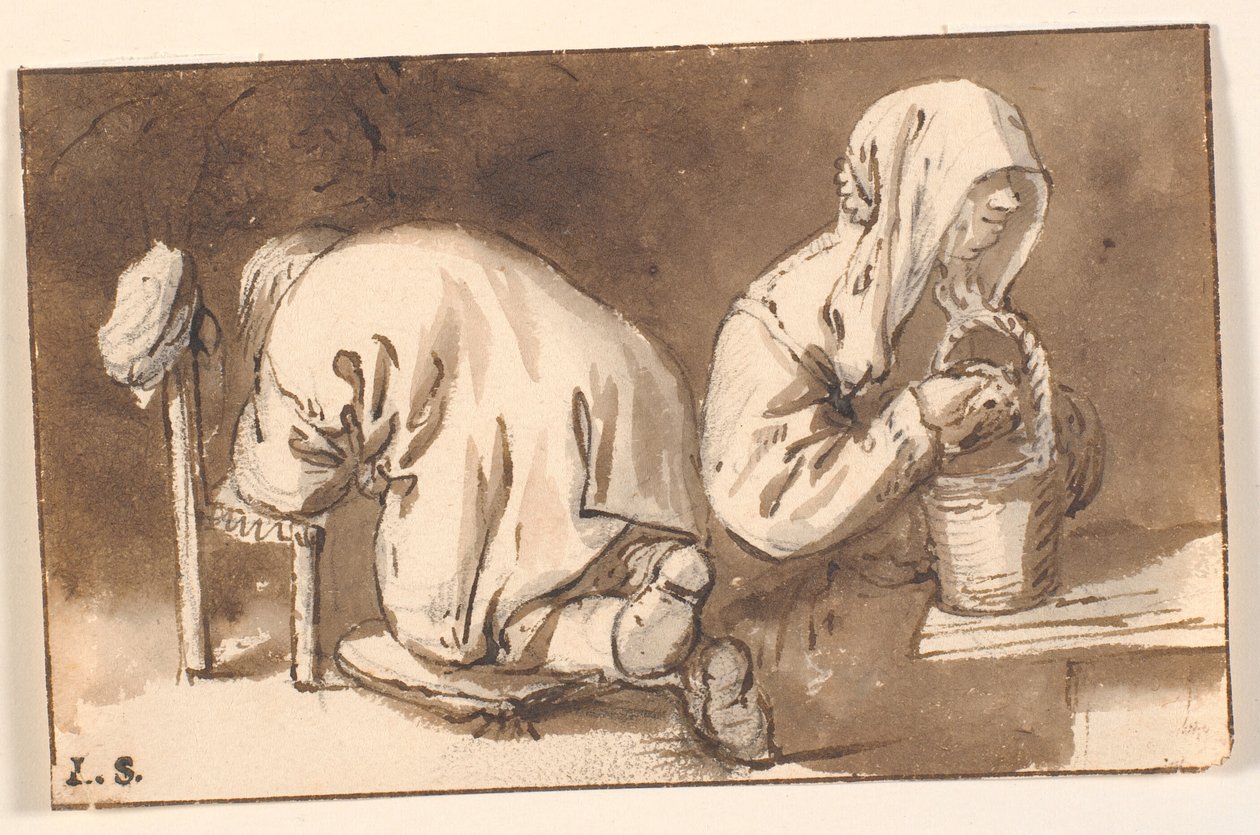 En knælende mand og en kvinde med en kurv af Cornelis Pietersz Bega