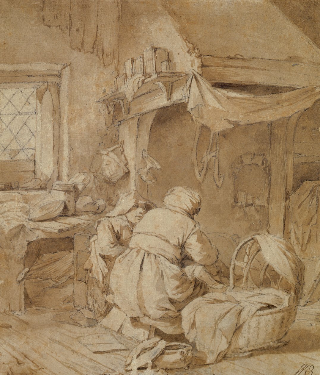 Stuestue med bonde, vugge og barn, ca. 1654 (pen og blæk og pensel over blyant på papir) af Cornelis Pietersz Bega