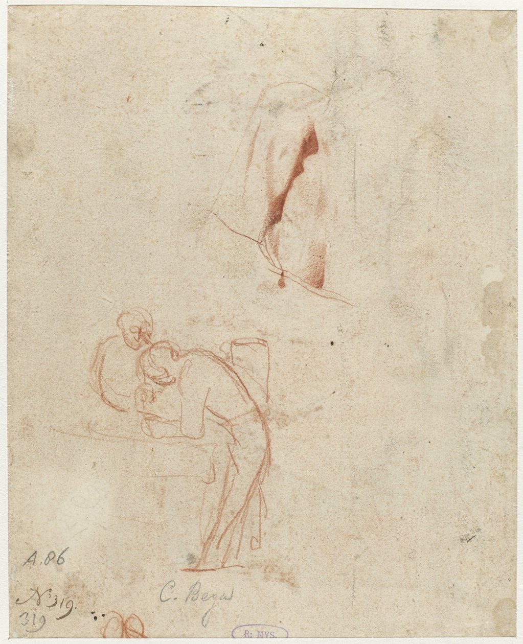 Skitse af to stående figurer og et draperistudie af Cornelis Pietersz. Bega