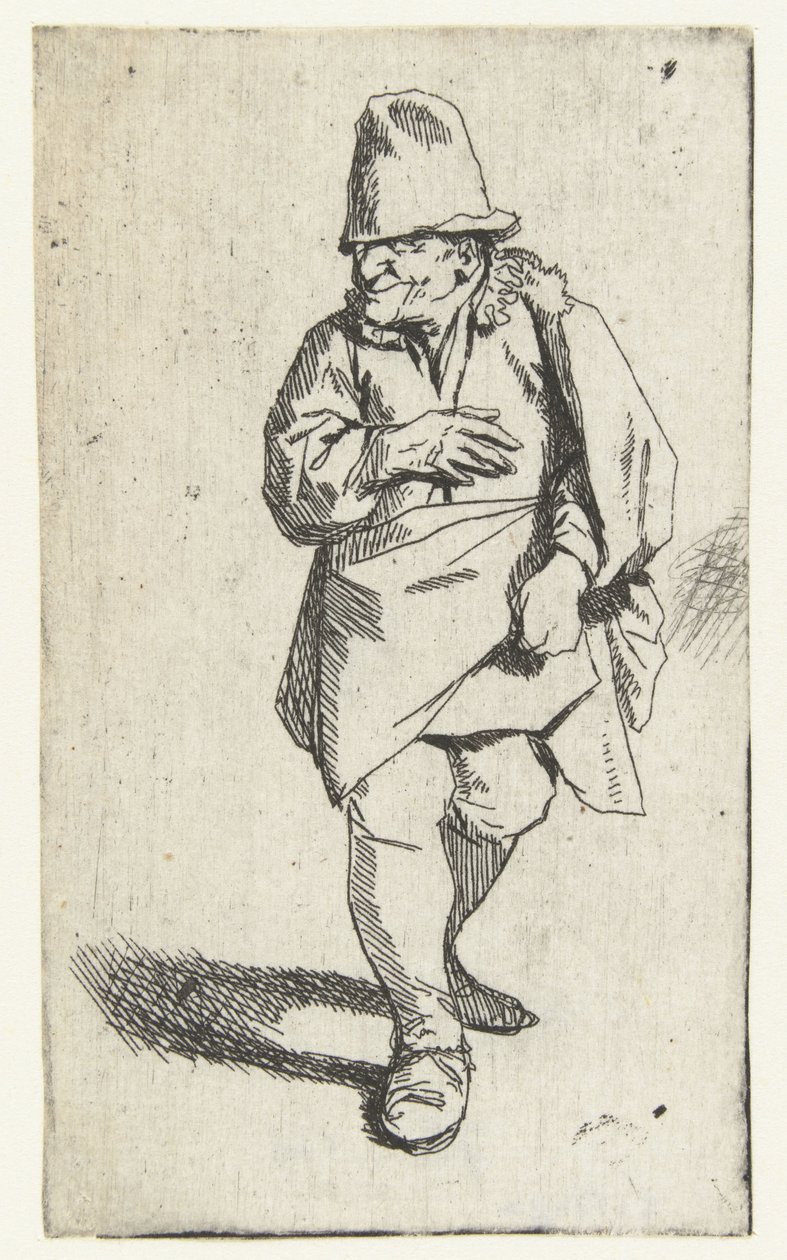 Stående mand med høj hat eller kasket, højre hånd foran brystet af Cornelis Pietersz. Bega