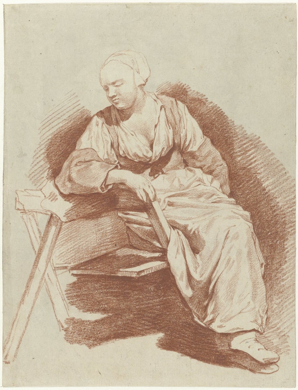 Studie af en siddende kvinde, lænet på sin højre arm af Cornelis Pietersz. Bega