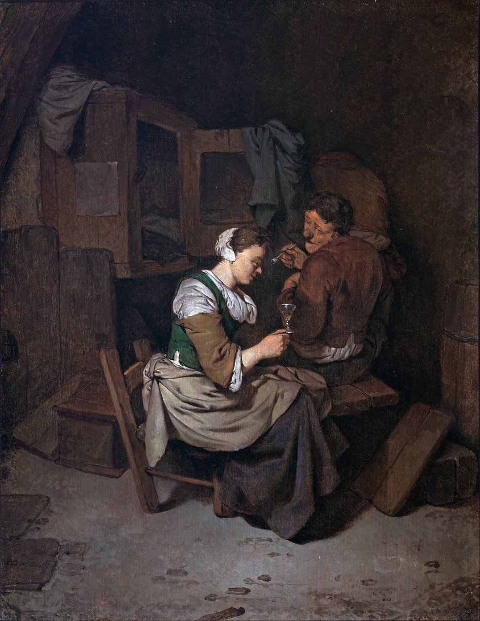 Kvinde med vinglas og to mandlige bønder af Cornelis Pietersz Bega