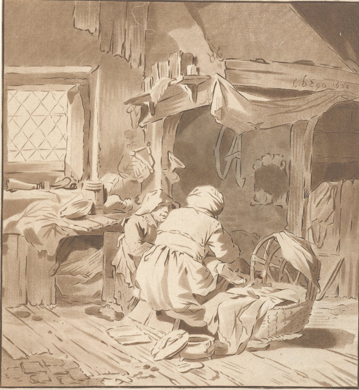 Stuehus interiør med to kvinder af Cornelis Ploos van Amstel (signed by artist)