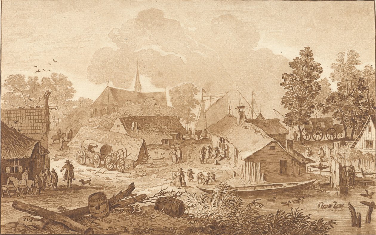 Udsigt til landsbyen med dam af Cornelis Ploos van Amstel (signed by artist)