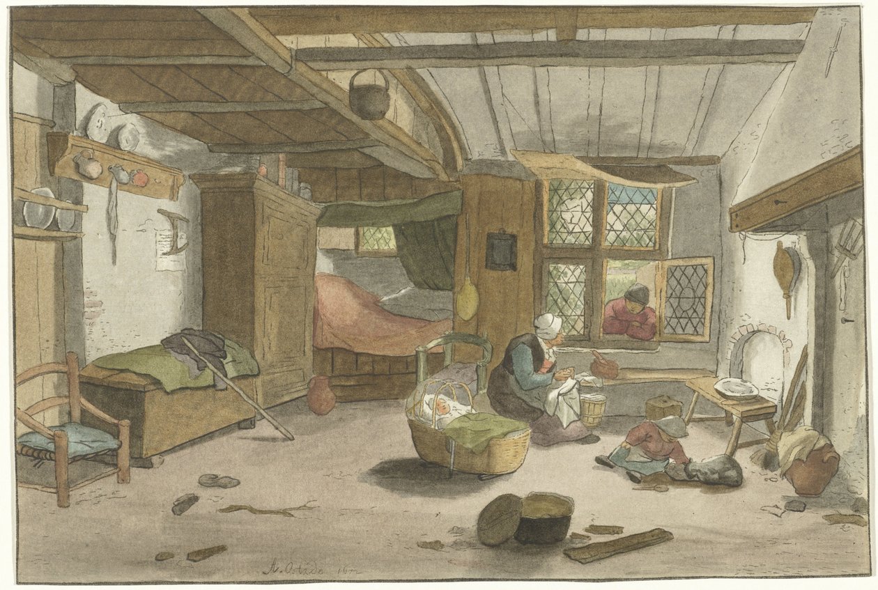 Interiør med kvinde ved krybbe af Cornelis Ploos van Amstel (signed by artist)