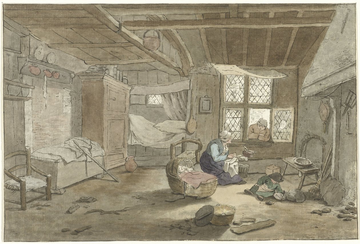 Interiør med kvinde ved krybbe af Cornelis Ploos van Amstel (signed by artist)