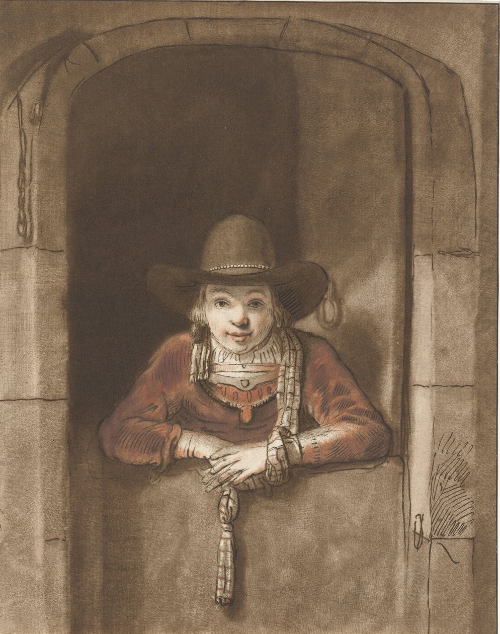 Dreng læner sig over en bunddør af Cornelis Ploos van Amstel (signed by artist)