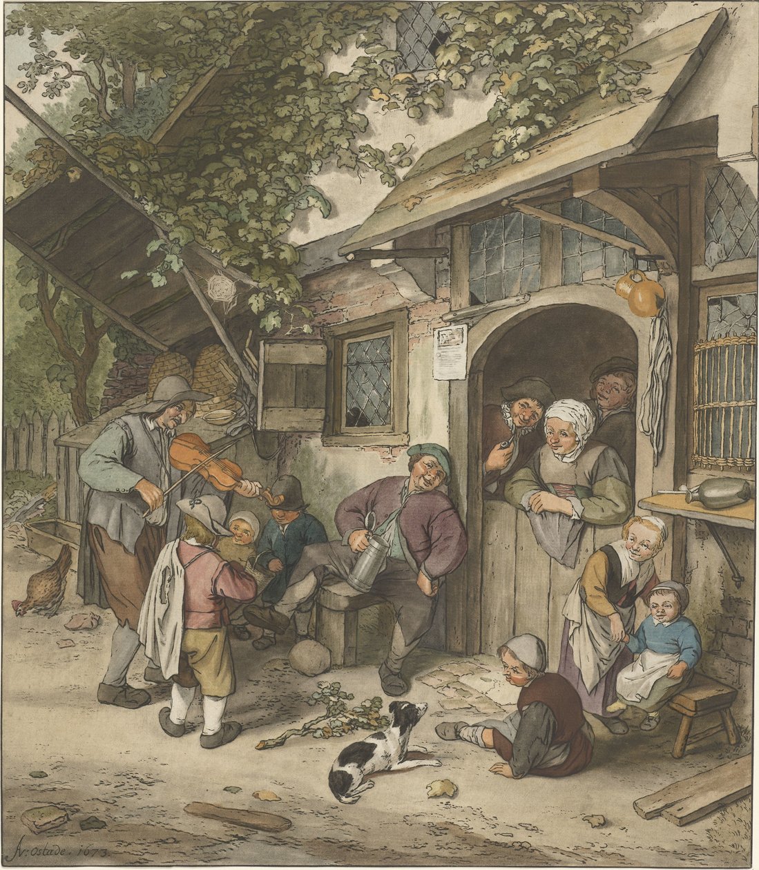 Spillemand foran en kro af Cornelis Ploos van Amstel (signed by artist)