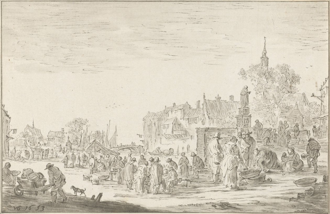 fiskemarked af Cornelis Ploos van Amstel (signed by artist)