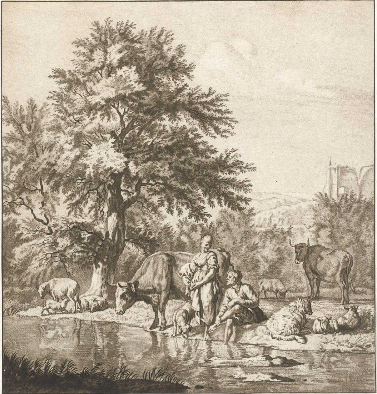 Hyrde og hyrdinde med flok ved en flod Trykt værk (serietitel) af Cornelis Ploos van Amstel
