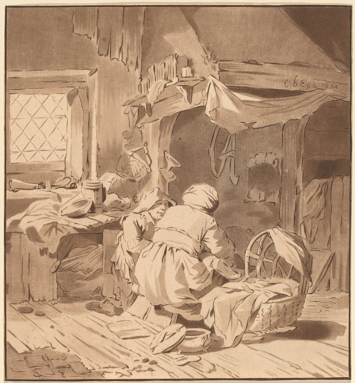 Interiør af et bondehus med to kvinder af Cornelis Ploos van Amstel