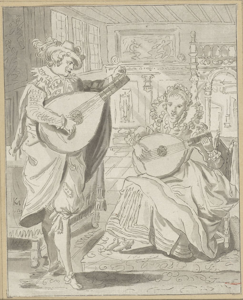 Lute spiller herre og dame af Cornelis Ploos van Amstel