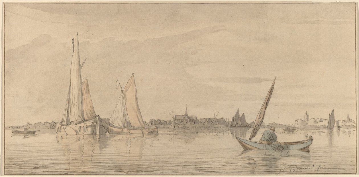 Flod med By af Cornelis Ploos van Amstel