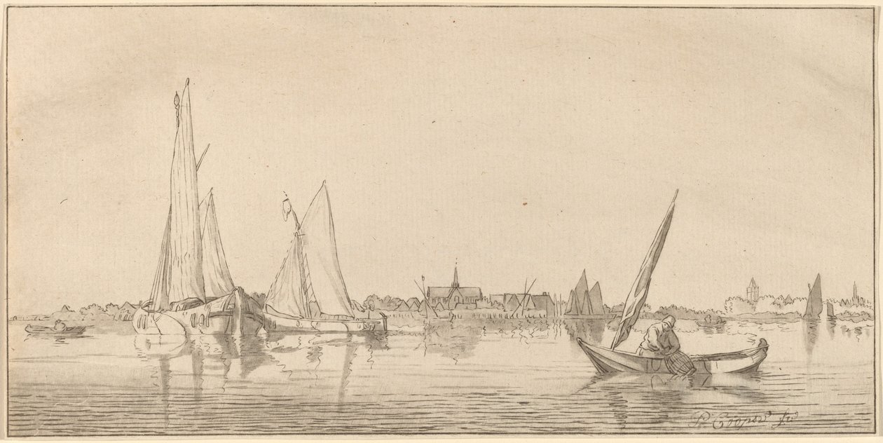 Flod med By af Cornelis Ploos van Amstel