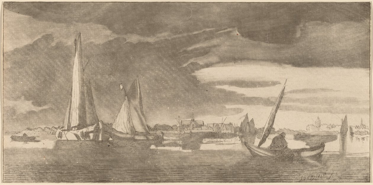 Flod med By af Cornelis Ploos van Amstel