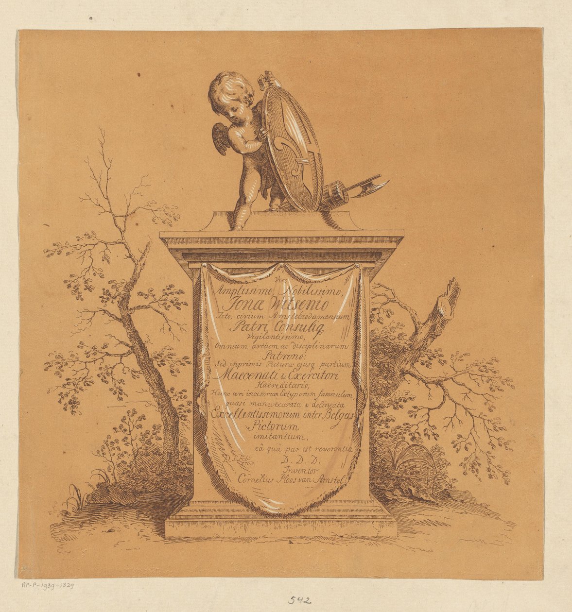 Stående putto på et monument med dedikation til Jonas Witsen af Cornelis Ploos van Amstel
