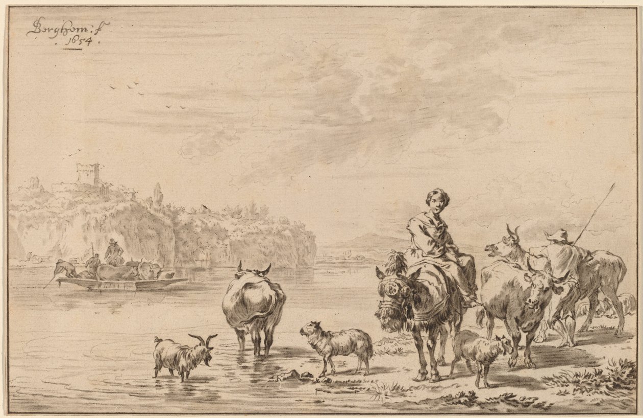 Kvinde siddende på et muldyr af Cornelis Ploos van Amstel