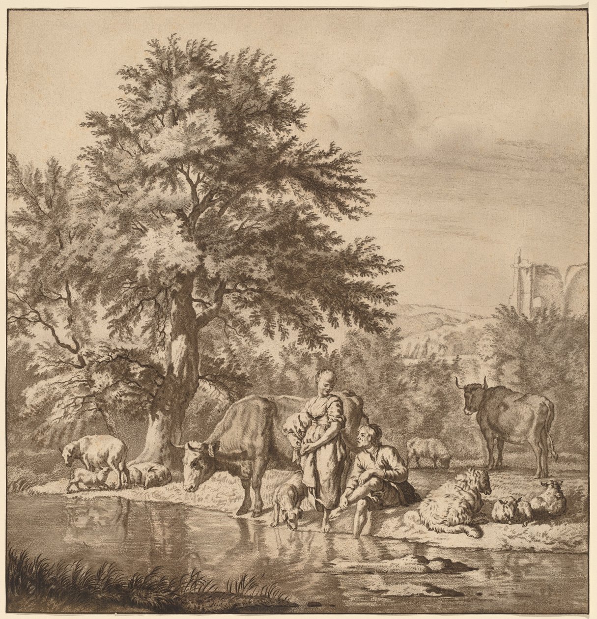Hyrde og hyrdinde med deres flok af Cornelis Ploos van Amstel after Adriaen