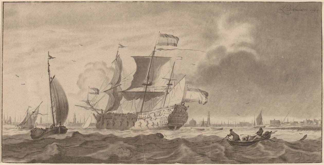 Krigsfartøj i Y af Cornelis Ploos van Amstel and Bernhard Schreuder, after Ludolf Backhuysen