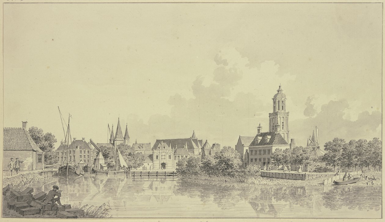 Udsigt over havnen i Zwolle af Cornelis Pronk