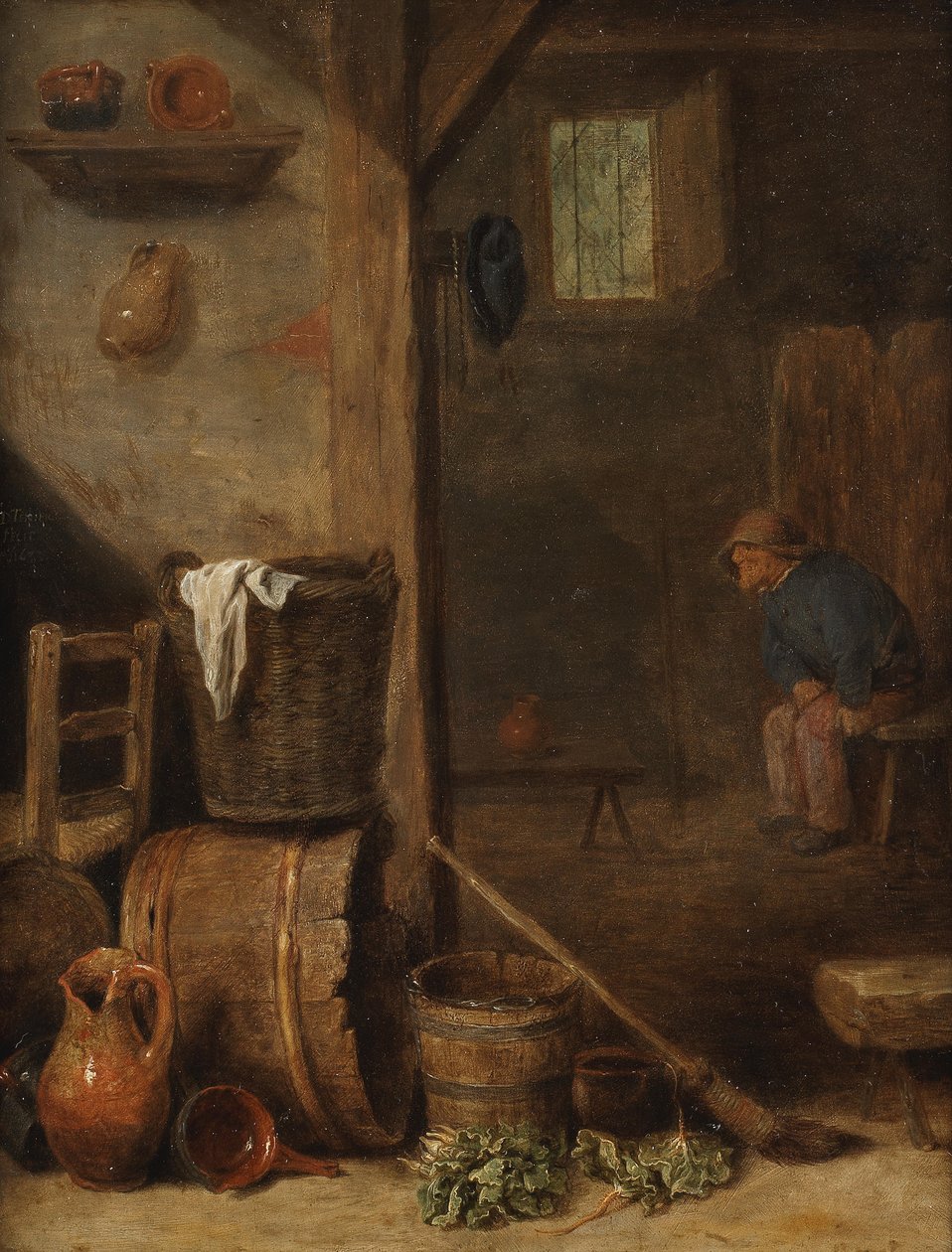 Et køkkeninteriør med en figur, der sidder i det tilstødende rum af Cornelis Saftleven