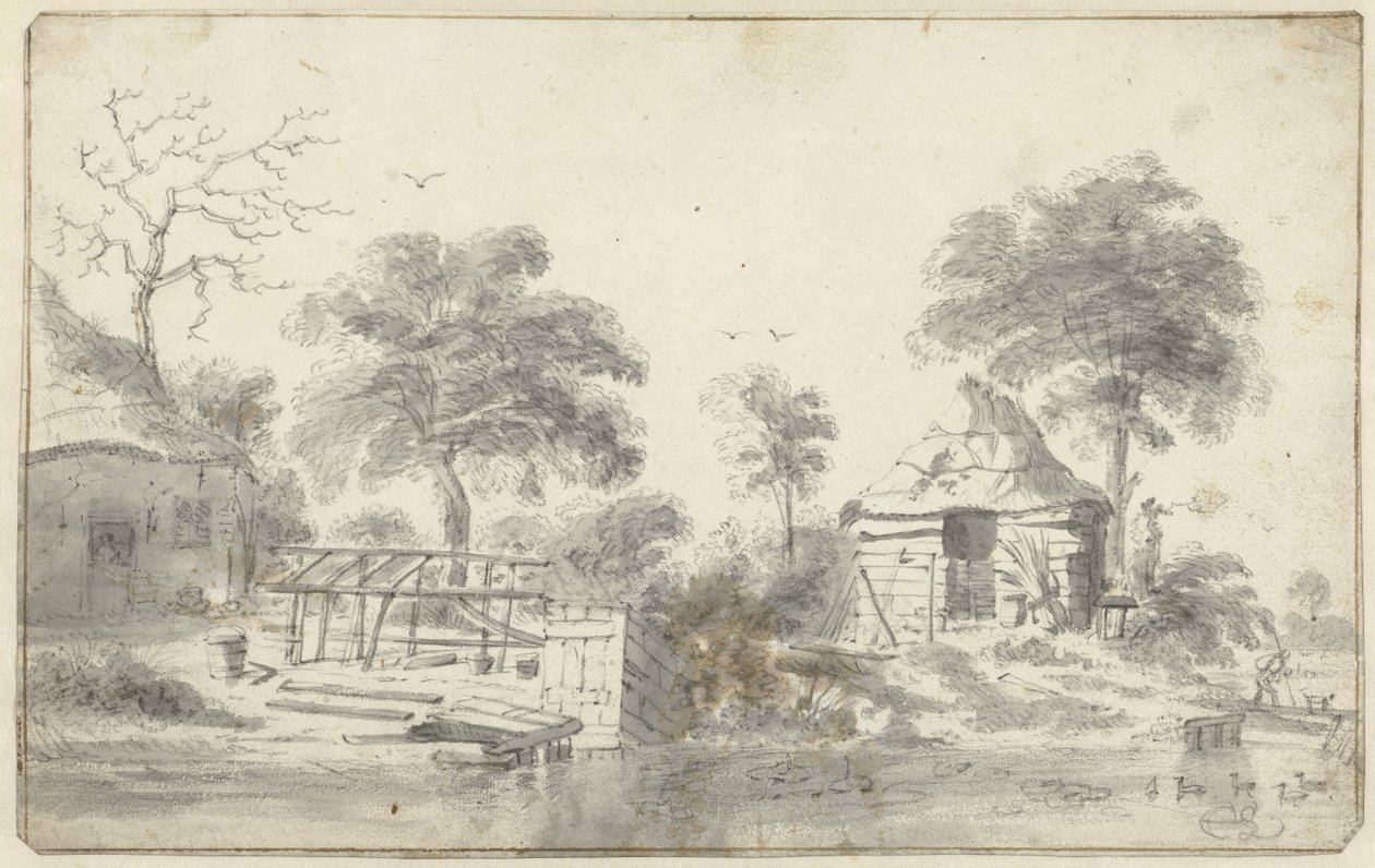Gård med lade på vandet af Cornelis Saftleven
