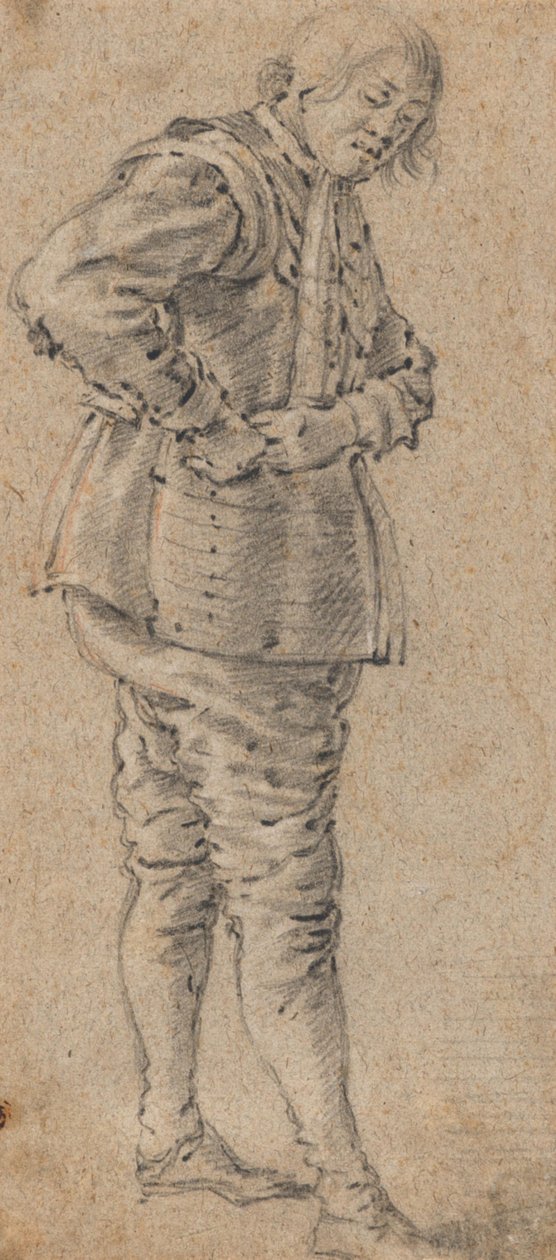 En stående mand, der ifører sig en rustning af Cornelis Saftleven