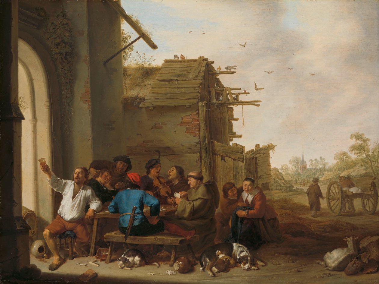Figurer før en landsbykro Et selskab af landfolk af Cornelis Saftleven