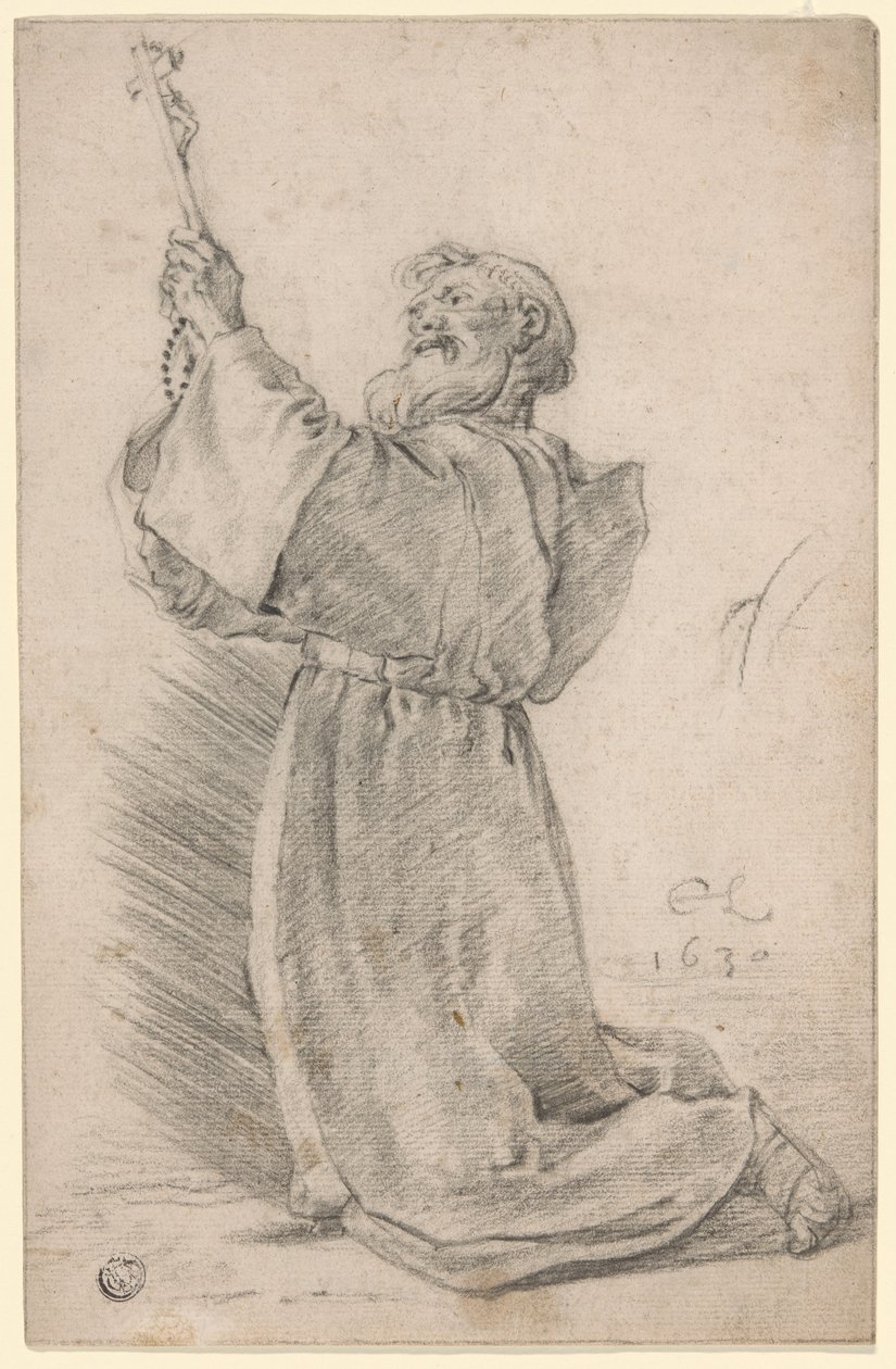 Knælende munk, der holder et krucifiks af Cornelis Saftleven