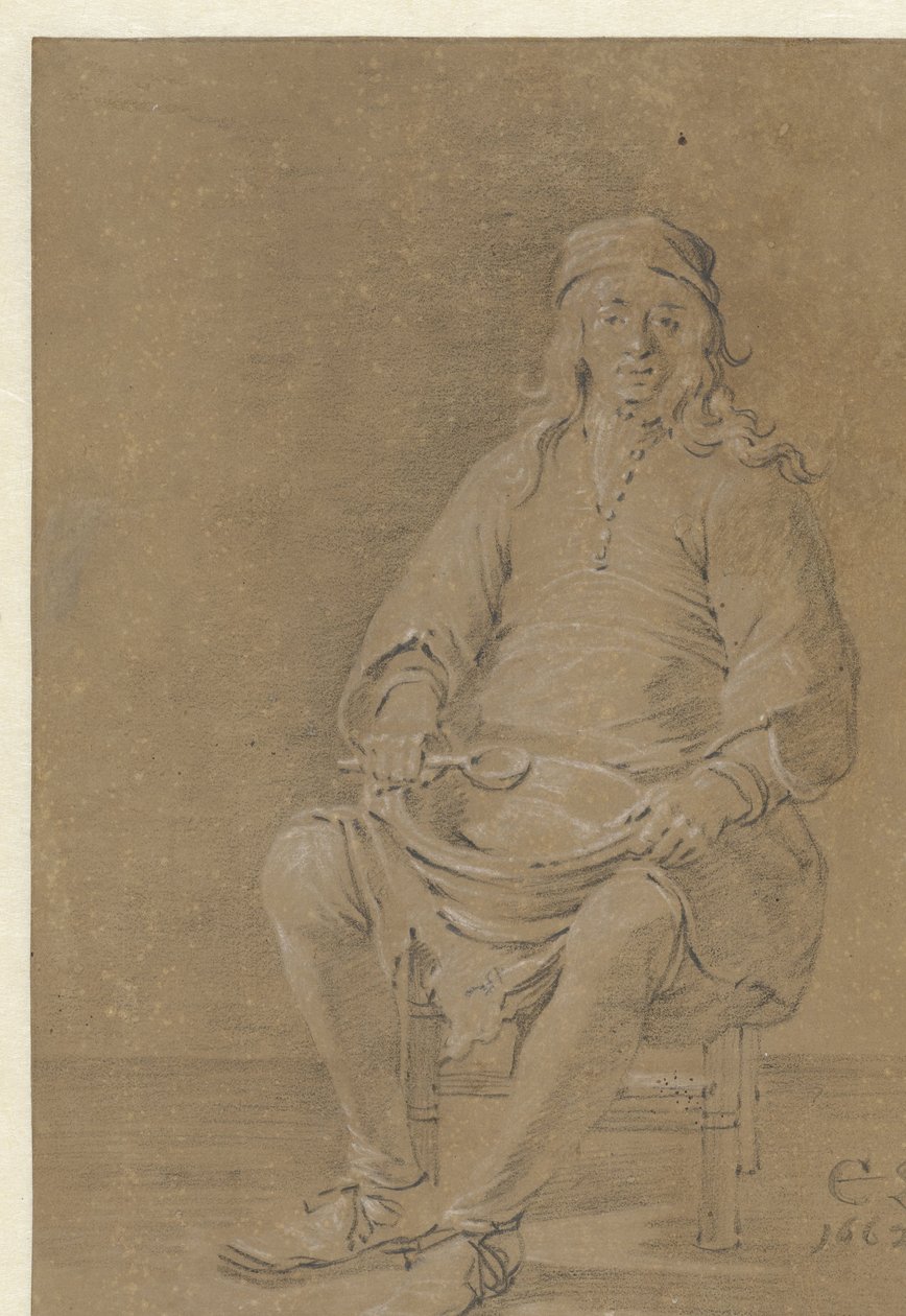 Siddende mand med en skål på skødet af Cornelis Saftleven