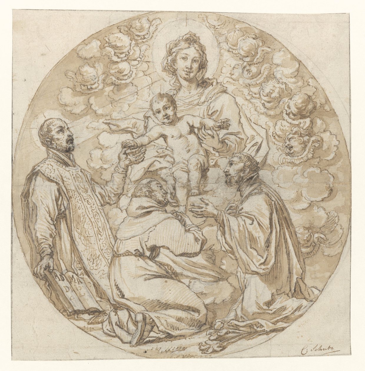 Jomfru og barn tilbedt af den hellige Ignatius af Loyola, den hellige Frans Xavier og den hellige munk af Cornelis Schut (I)