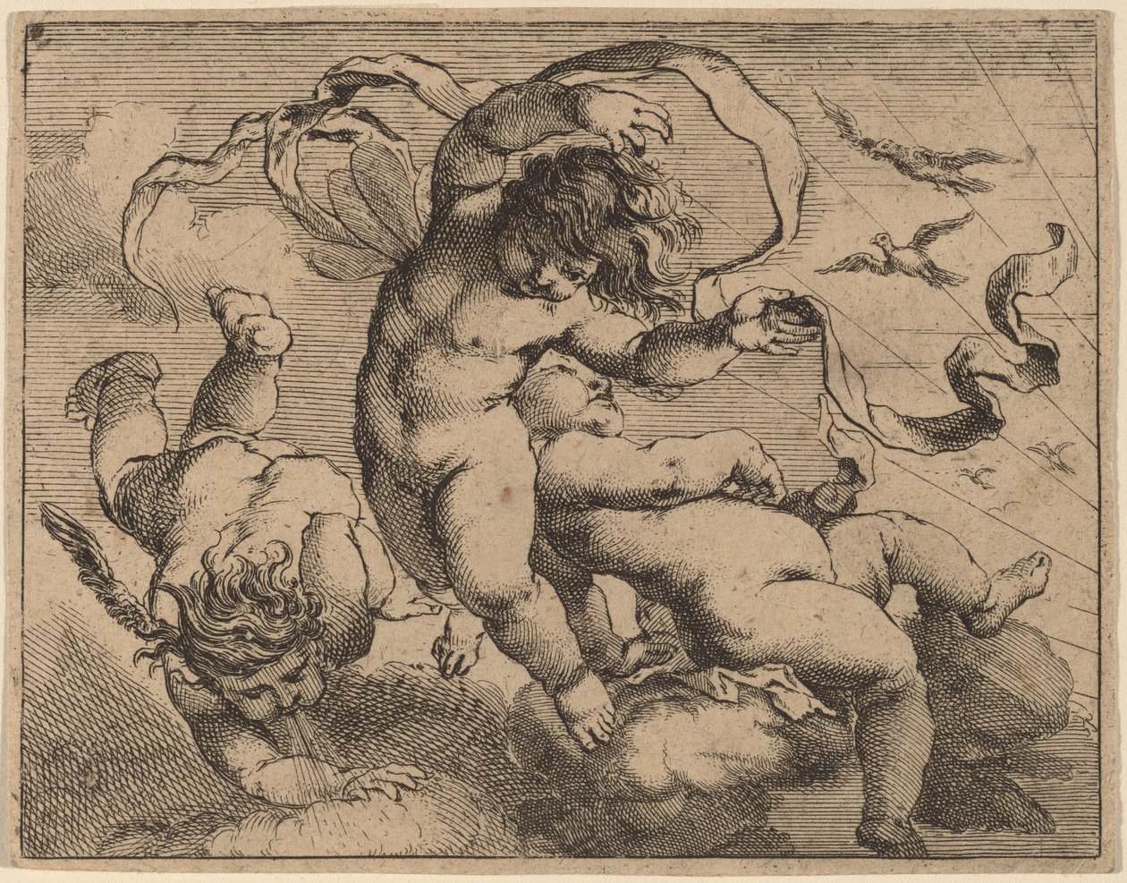 Tre Flyvende Putti af Cornelis Schut I