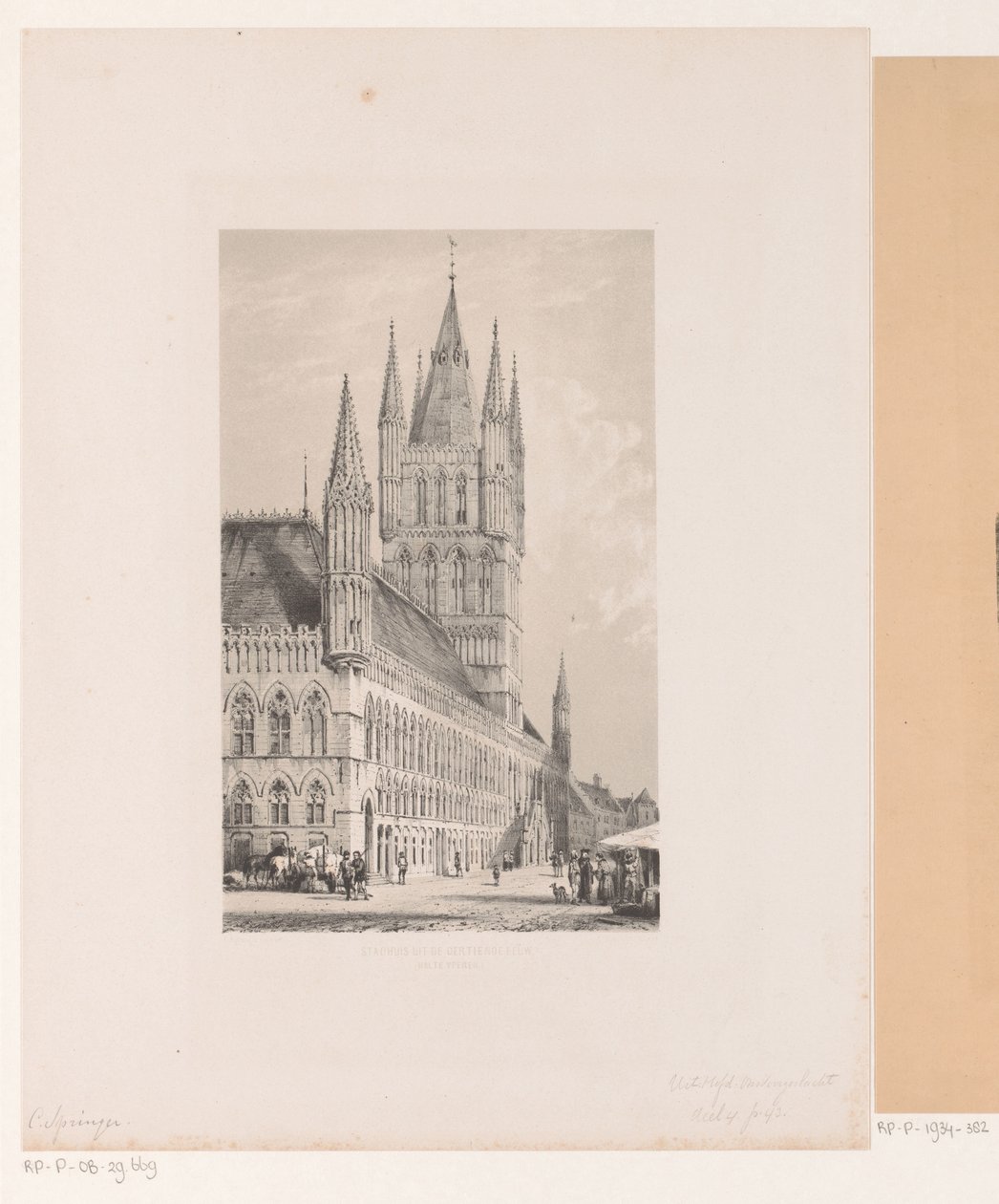Tøjhallen i Ypres Rådhus fra det trettende århundrede (Halte Yperen) (titel på objekt) af Cornelis Springer