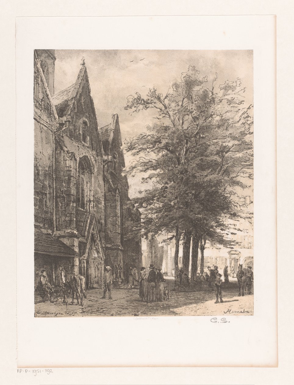 Folk foran Markedskirken i Hameln Hamelin (titel på objekt) af Cornelis Springer