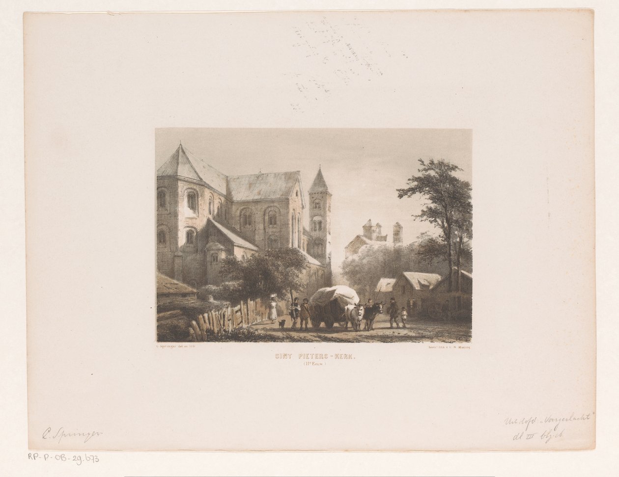 Kvæg med vogn foran kirken fra det 11. århundrede Peterskirken (11. århundrede) (titel på objektet) af Cornelis Springer
