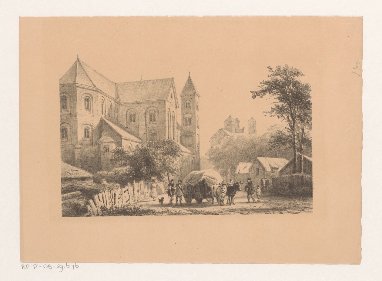 Kvæg med vogn foran kirken fra det 11. århundrede Sankt Peters Kirke af Cornelis Springer