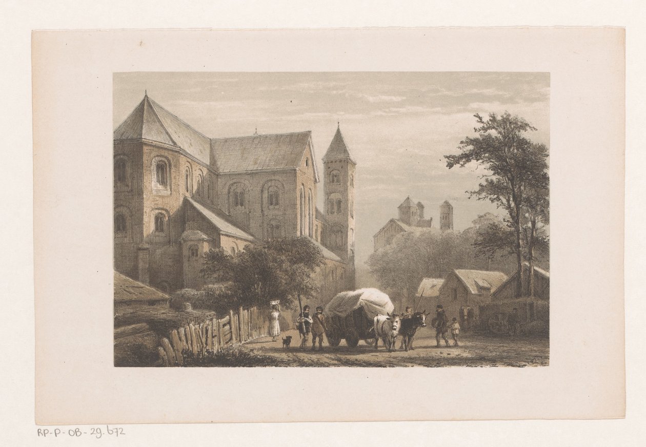 Kvæg med vogn foran kirken fra det 11. århundrede Sankt Peters Kirke af Cornelis Springer