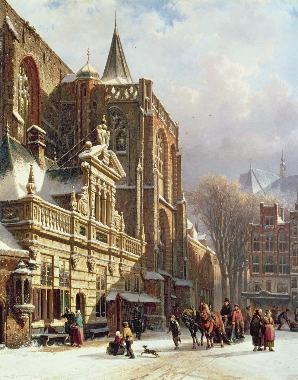 Udsigt over Hoofdwacht og Grote Kerk, Zwolle af Cornelis Springer