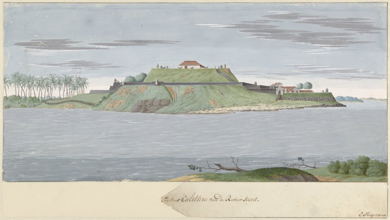 Fort Caliture i Ceylon, set fra floden Fortres Caliture fra Revier-siden (titel på objekt) af Cornelis Steiger