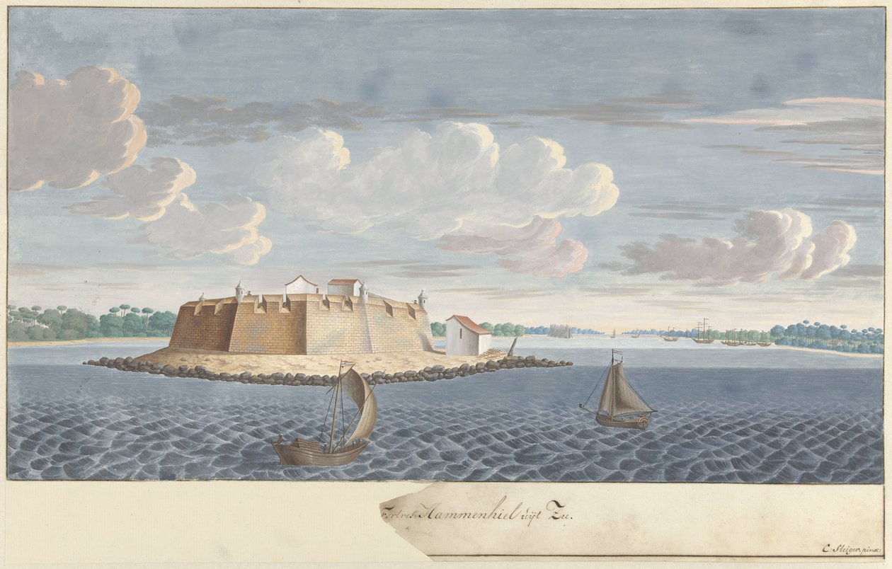 Fort Hammenhiel (Hummenil) i Ceylon, set fra havet Fortres Hammenhiel fra havet (titel på objekt) af Cornelis Steiger